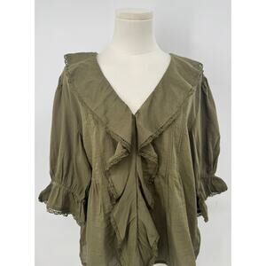 Madewell Pintucked Ruffled Puff-Sleeve Top Cotton Olive Green Blouse XL NWT
